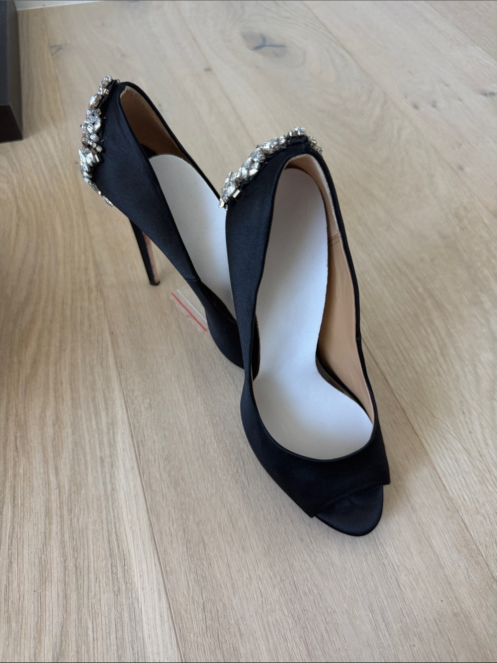 Badgley Mischka Black Satin Peep-Toe Stiletto Heels with Crystal Embellishment